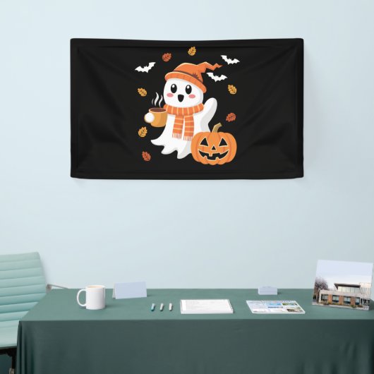 かわいい幽霊飲むアイスコーヒーハロウィーン 横断幕 (トレードショー)