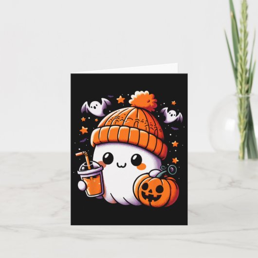 かわいい幽霊飲むコーヒーハロウィーンコーヒーウーメン カード (正面)