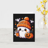 かわいい幽霊飲むコーヒーハロウィーンコーヒーウーメン カード (黄色い花)
