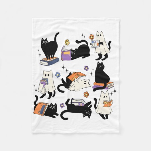 かわいい幽霊黒猫読の本ハロウ不気味ェイ フリースブランケット (正面)