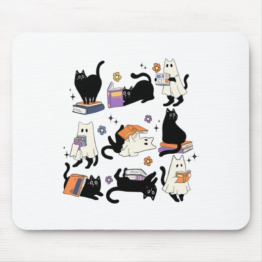 かわいい幽霊黒猫読の本ハロウ不気味ェイ マウスパッド (正面)