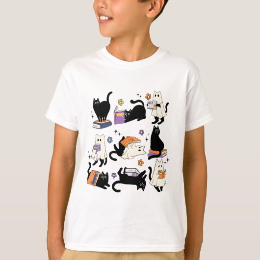 かわいい幽霊黒猫読の本ハロウ不気味ェイ Tシャツ (正面)