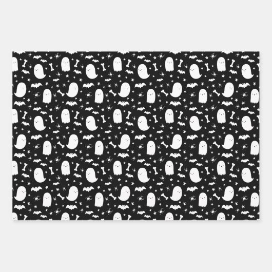 かわいい幽霊&こうもりオレンジハロウィーン ラッピングペーパーシート (正面3)