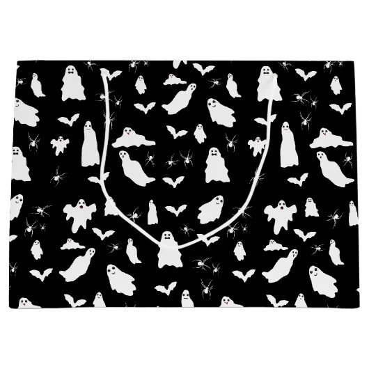 かわいい幽霊、こうもり&スパイダーズのハロウィンパターン ラージペーパーバッグ (正面)