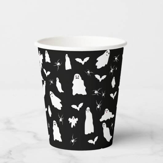 かわいい幽霊、こうもり&スパイダーズのハロウィンパターン 紙コップ (正面)