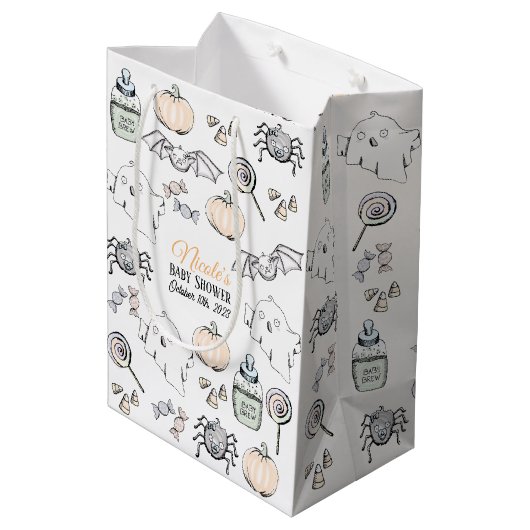 かわいい幽霊、こうもり&スパイダーハロウィーン赤ちゃんシャワー ミディアムペーパーバッグ (裏面アングル)