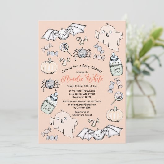 かわいい幽霊、こうもり&スパイダーハロウィーン赤ちゃんシャワー 招待状 (スタンド正面)
