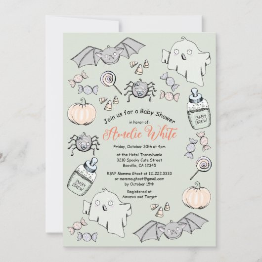 かわいい幽霊、こうもり&スパイダーハロウィーン赤ちゃんシャワー 招待状 (正面)