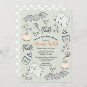 かわいい幽霊、こうもり&スパイダーハロウィーン赤ちゃんシャワー 招待状 (正面/裏面)