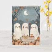 かわいい幽霊&カボチャお洒落ハッピーハローウィン カード (黄色い花)