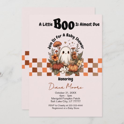 かわいい幽霊&カボチャ秋ハロウィーンベビーシャワー 招待状 (正面/裏面)