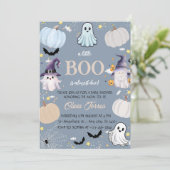 かわいい幽霊、カボチャ、キャンディ、ハロウィーンの赤ちゃんシャワー 招待状 (スタンド正面)