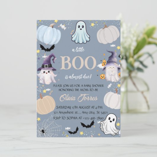 かわいい幽霊、カボチャ、キャンディ、ハロウィーンの赤ちゃんシャワー 招待状 (スタンド正面)