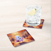 かわいい幽霊、パーティーに急いで スクエアペーパーコースター (インサイチュ)
