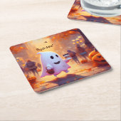 かわいい幽霊、パーティーに急いで スクエアペーパーコースター (アングル)