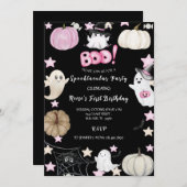 かわいい幽霊、ピンクカボチャ&スター誕生日の女の子 招待状 (正面/裏面)