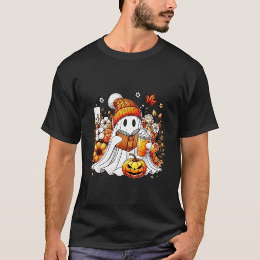 かわいい幽霊 読書家 ハロウィン おばけ コ Tシャツ (正面)