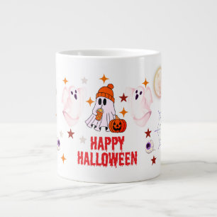 かわいい幽霊、魔女、コウモリ、血の手形のハロウィンデザイン ジャンボコーヒーマグカップ