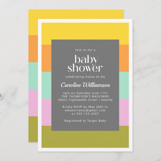 かわいい幾何学的ストライプなパステルベビーシャワー 招待状 (正面/裏面)