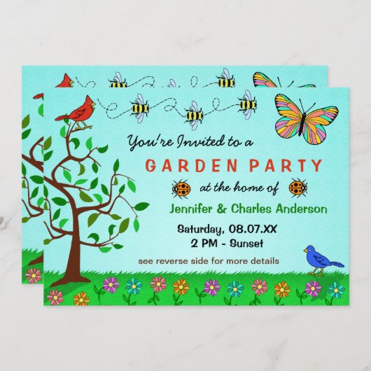 かわいい庭のパーティーお洒落の夏の花虫 招待状 (正面/裏面)