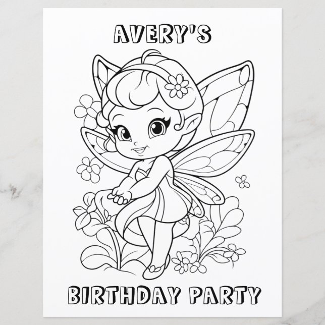 かわいい庭の妖精の誕生日ぬりえアクティビティ (正面)
