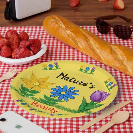 かわいい庭の花々 チューリップ ひまわり 青いデイジー ペーパープレート (ピクニック)