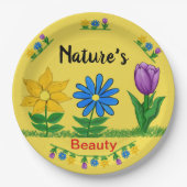 かわいい庭の花々 チューリップ ひまわり 青いデイジー ペーパープレート (正面)