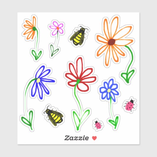 かわいい庭の花と蜂とてんとう虫のセット シール (シート)