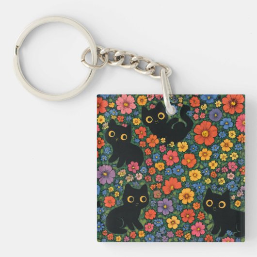 かわいい庭の芸術 | かわいい黒猫の花柄 キーホルダー (正面)
