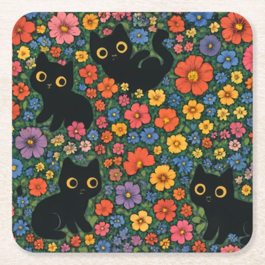 かわいい庭の芸術 | かわいい黒猫の花柄 スクエアペーパーコースター (正面)