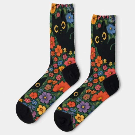 かわいい庭の芸術 | かわいい黒猫の花柄 ソックス (左)