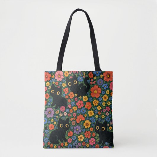 かわいい庭の芸術 | かわいい黒猫の花柄 トートバッグ (正面)