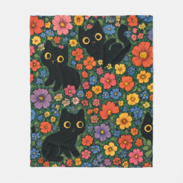かわいい庭の芸術 | かわいい黒猫の花柄 フリースブランケット
