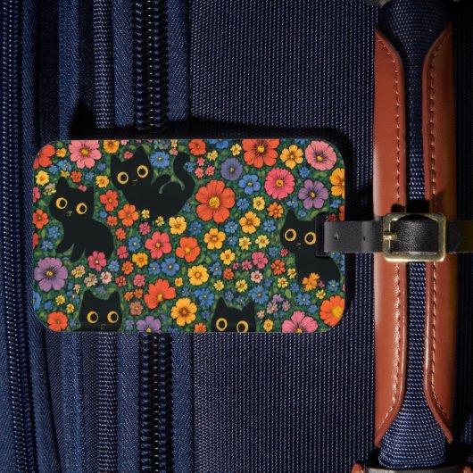 かわいい庭の芸術 | かわいい黒猫の花柄 ラゲッジタグ (正面インサイチュ4)