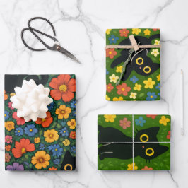 かわいい庭の芸術 - かわいい黒猫の花柄 ラッピングペーパーシート