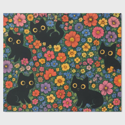 かわいい庭の芸術 - かわいい黒猫の花柄 ラッピングペーパー (フラット)