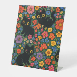 かわいい庭の芸術 - かわいい黒猫の花柄 台座サイン