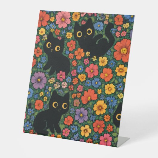 かわいい庭の芸術 - かわいい黒猫の花柄 台座サイン (正面)