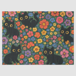 かわいい庭の芸術 - かわいい黒猫の花柄 薄葉紙