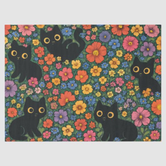 かわいい庭の芸術 - かわいい黒猫の花柄 薄葉紙 (正面)
