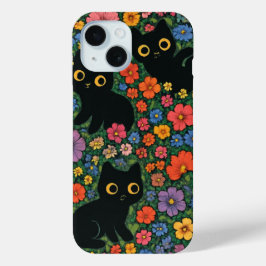 かわいい庭の芸術 | かわいい黒猫の花柄 iPhone 15ケース