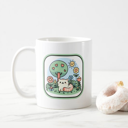 かわいい庭の落書きアートの猫 コーヒーマグカップ (ドーナツ)