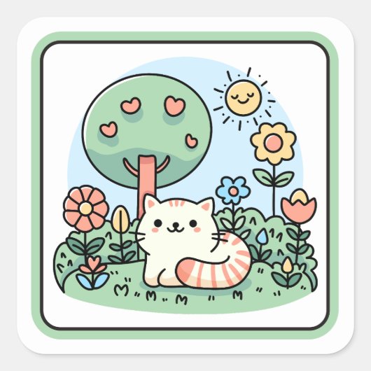 かわいい庭の落書きアートの猫 スクエアシール (正面)