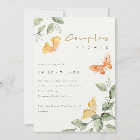 かわいい庭の葉蝶カップルのシャワー 招待状 (正面)