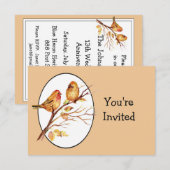 かわいい庭の鳥のカップル 結婚記念日 招待状 (正面/裏面)