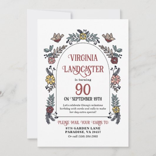 かわいい庭90thシャワーバイメール誕生日 招待状 (正面)