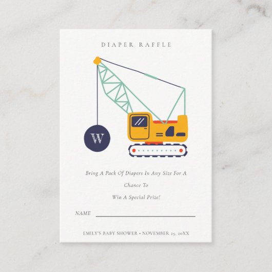 かわいい建築クレーンおむつラッフルベビーシャワー エンクロージャーカード (正面)
