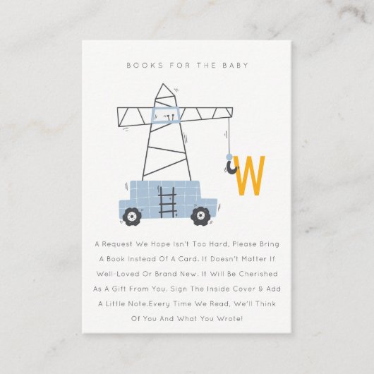 かわいい建築クレーンのベビーシャワー用ブック エンクロージャーカード (正面)