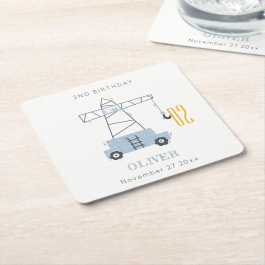 かわいい建築クレーンキッズ任意の年齢誕生日 スクエアペーパーコースター (アングル)