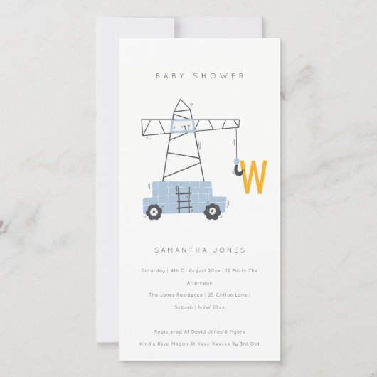 かわいい建築クレーンボーイズベビーシャワー招待状 サンキューカード (正面)